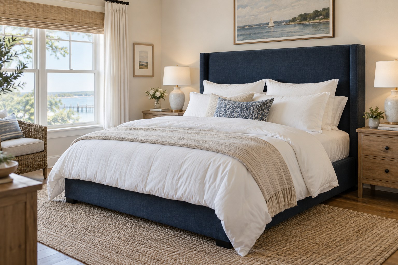 Illustrative coastal bedroom with a navy upholstered bed and white bedding